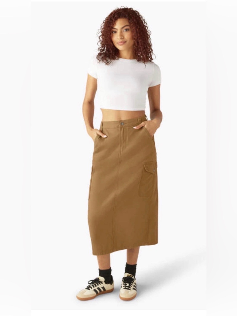 NWT Dickies Woven Duck Cargo Midi Skirt Women’s W25 Brown Style A4Z2R0BD